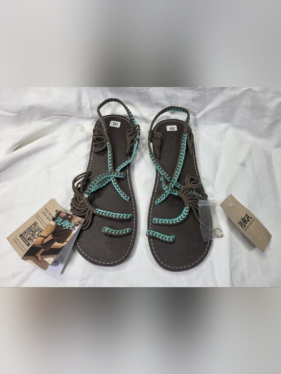 Plaka Shoes - NEW Plaka Palm Leaf  Flat Rope Sandals Womens 10 Turquoise Gray Brown Braided